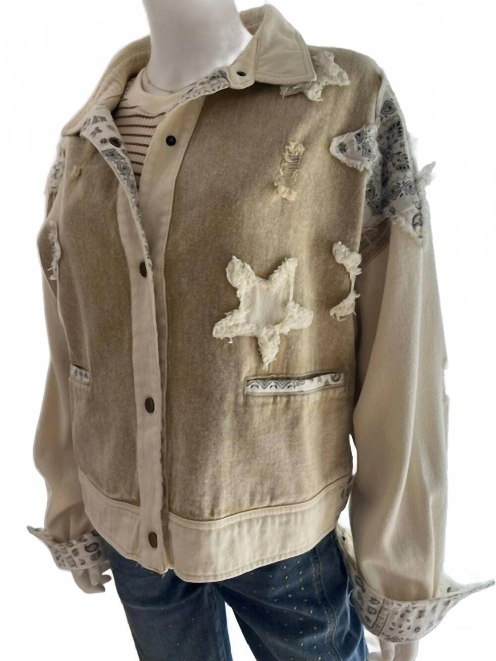 NEW OLI & HALI women's mineral washed star patched jacket in natural